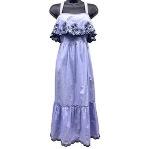 Kate Spade Blue Embroidered Floral Tiered Cotton Midi Dress Womens Medium